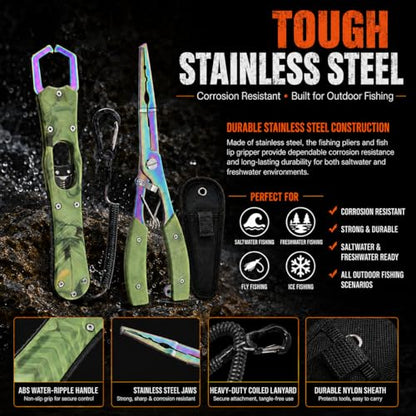 YINEE Fishing Pliers and Fish Lip Gripper Set, Stainless Steel Fishing Gear, Saltwater Hook Remover Split Ring Tool - color: Green-Fishing Pliers&Fish Lip Grippe