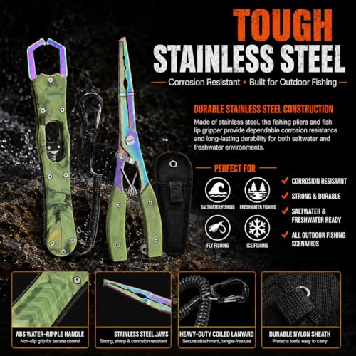 YINEE Fishing Pliers and Fish Lip Gripper Set, Stainless Steel Fishing Gear, Saltwater Hook Remover Split Ring Tool - color: Green-Fishing Pliers&Fish Lip Grippe