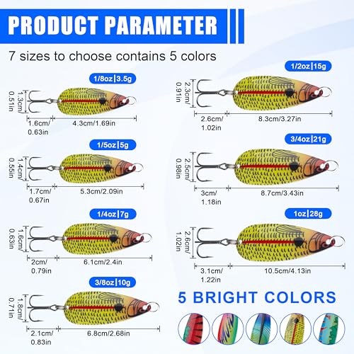 Fishing Spoons Saltwater Fishing Lures,5pcs Trolling Spoon Lure with Treble Hooks Metal Jigs Lures for Bass Trout Tuna Salmon Grouper Freshwater Saltwater - size: 3/16oz(5g)