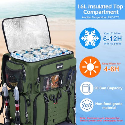 Goture Fishing Backpack with Cooler, 72L 600D Tackle Backpack Included 4 3700 Tackle Boxes, Dry & Wet Split Compartment, Large Fishing Tackle Bag with Rod Holders,Rain Cover for Travel Camping Hiking - color: A2:Green with 4 3700 Tackle Boxes