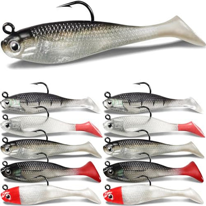 Soft Fishing Lures Shad Minnow Swimbaits, Pre-Rigged Jig Heads Paddle Tail Swim Baits for Bass, Trout, Walleye, Crappie, Sinking Jigs Bait for Saltwater Freshwater, Fishing Gifts for Men - color: A6-Weedness Pre Rigged Swim Baits-10pcs- 3.15inch