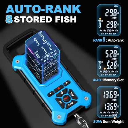 SNAIL TRAIL 8 Storage Bins Digital Fishing Scale & Lip Gripper with Auto-Rank, Large & High Contrast Backlit LCD Display, Multi-Mode(LB, LB-OZ, KG), 50 lbs Tournament Bass Fish Weigher, Gift for Men - color: Blue