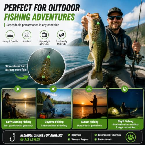 24Pcs Glowing Carp Fishing Method Feeder, Olive Shape Spring Bait Holder Cage with Luminous Beads, Inline Feeder Rig for Chicken Liver Pack Bait, Professional Fishing Accessories for Lake Rive