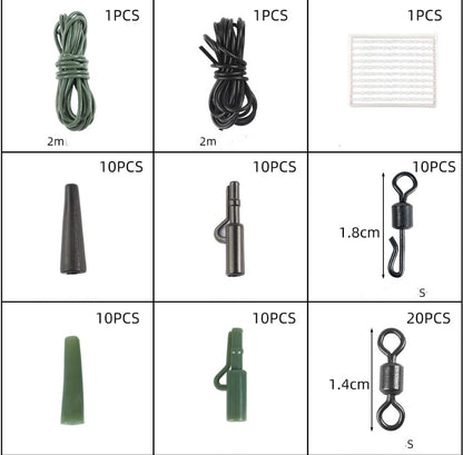 178-Piece Carp Fishing Tackle Kit with Storage Box, Includes Carp Hooks, Anti Tangle Sleeves, Hook Stop Beads, Rolling Swivels & Assorted Terminal Fishing Accessories