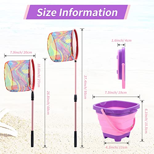 Kids Fishing Net - Telescopic Landing Net with Aluminum Pole Handle, Collapsible Bucket Sand Pail, Butterfly Net for Outdoor Play - color: Pink