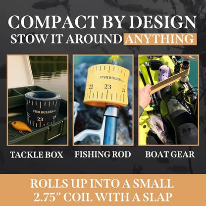 Roll-up & Slap-on Premium Fishing Tape Measure - Easy-to-Read Catch and Release Fish Measuring Device for Boat & Kayak Accessories - Compact & Extendable Fish Ruler (Black - 24" Inches) - color: Black