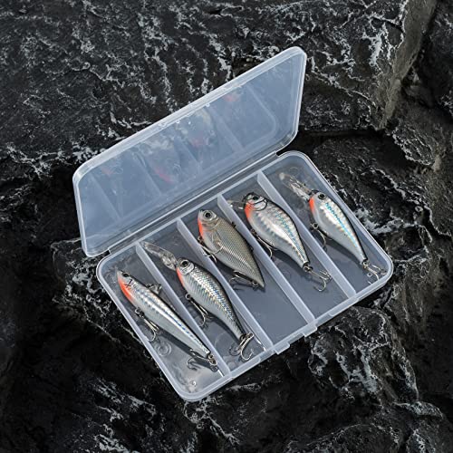 Dr.Fish 5 Pack Crankbait Lipless Minnow VIB Hardbait Sinking Bass Lure Plug Pencil Bait Chrome Laser Painting 3D Eyes Rattle Balls Treble Hook Split Ring Tackle Box Freshwater Shad Perch Walleye