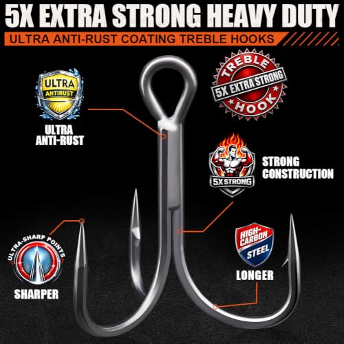 XFISHMAN Saltwater Treble Hooks for Lures 3X 5X Heavy Duty Size #18-5/0 - color: 5X Heavy Duty, size: Size:4 24-Pack
