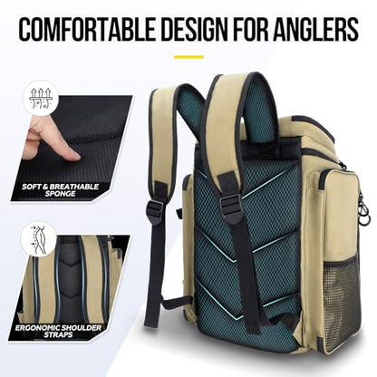 PLUSINNO Fishing Backpack with Rod Holders, 42L Large Water-Resistant Tackle Bag for Fishing, Camping, Hiking, Gifts - Khaki - color: Khaki