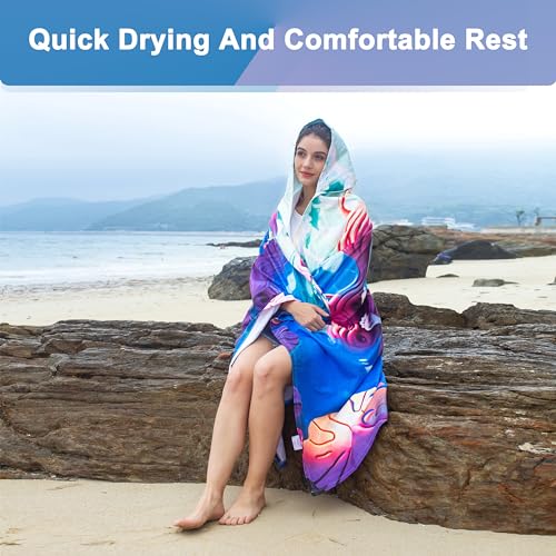 Catalonia Mermaid Hooded Towel for Adults, Quick-Dry Sand-Free Beach Poncho with Hood, Summer Gift for Girls - color: Mermaid