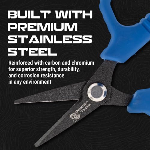 Reaction Tackle Micro Serrated Fishing Scissors with Retractable Lanyard and Carabiner, Precision Braid Cutters, Non-Slip Grip, Corrosion Resistant Stainless Steel for Freshwater and Saltwater