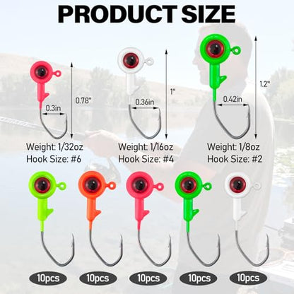Alwonder 50-Pack Crappie Jigs Ice Fishing jig Heads Hooks with 3D Eyes, Eye-Catching Vivid Crappie Panfish Lures Bass Trout Fishing Jig Head, 1/32oz 1/16oz 1/8oz Jigs Heads Freshwater - size: 1/32oz