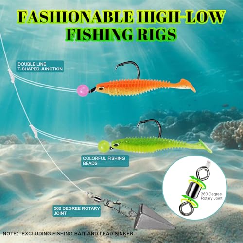 Pre-Rigged Surf Saltwater Fishing Rigs 10PCS, High-Low Rigs with Sharp 2/0-6/0 Circle Hooks for Fluke Flounder Porgy Snapper Sea Trout, Includes Storage Board. - size: Hi-Lo Double Rigs-2/0 Hook-10PCS