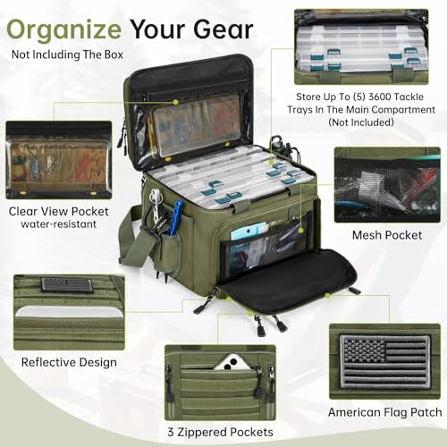 Fishing Tackle Bag - Holds 3400-3600 Size Tackle Boxes -Saltwater & Freshwater Fishing Bags - Padded Shoulder Strap Fishing Bags(Green) (Bag Only) - color: Green, style: Bag Only