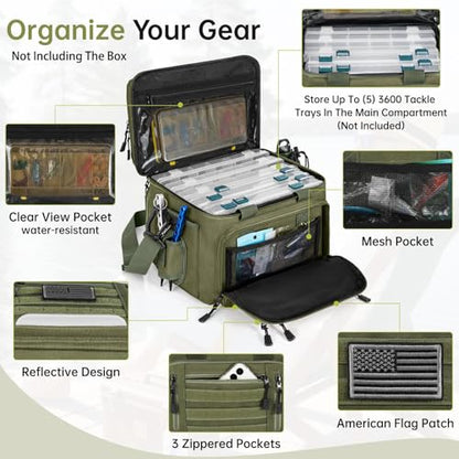 Fishing Tackle Bag - Holds 3400-3600 Size Tackle Boxes -Saltwater & Freshwater Fishing Bags - Padded Shoulder Strap Fishing Bags(Green) (Bag Only) - color: Green, style: Bag Only