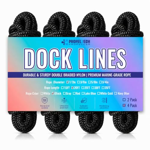 4 Pack 1/2" x 20' Boat Dock Lines, Improved Double Braided Nylon Boat Ropes for Docking with 12" Loop,Hurricane-Resistant Grade Marine Rope for Sailboats,Pontoons,Fishing Boats,Black - size: 1/2" x 20' (Pack of 4)