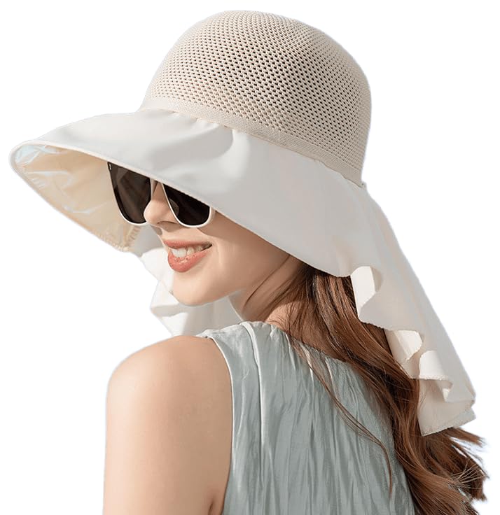 Sun Hats for Women UV Protection - Summer Wide Brim Fishing Hat with Neck Flap for Beach Hiking Camping Outdoor - color: Beige