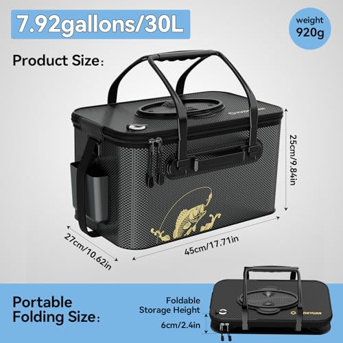 Fishing Bucket Foldable， 6Gallon/8Gallon/10Gallon,Live Fish Container Multi-Functional Live Fish Bait Bucket,for Fishing, Camping, Moving - color: Black