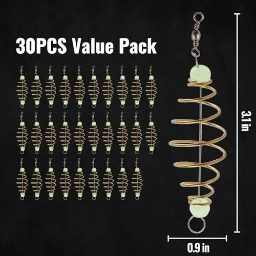 30PCS Fishing Bait Cage Luminous Chum Basket Rig with Spring Feeder Bait Holder Rig for Carp, Mullet, Dough, Chicken Liver, Pack Bait – Glow in Dark Freshwater Fishing Tackle Accessories