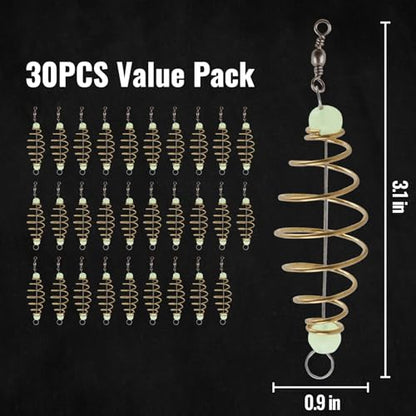 30PCS Fishing Bait Cage Luminous Chum Basket Rig with Spring Feeder Bait Holder Rig for Carp, Mullet, Dough, Chicken Liver, Pack Bait – Glow in Dark Freshwater Fishing Tackle Accessories