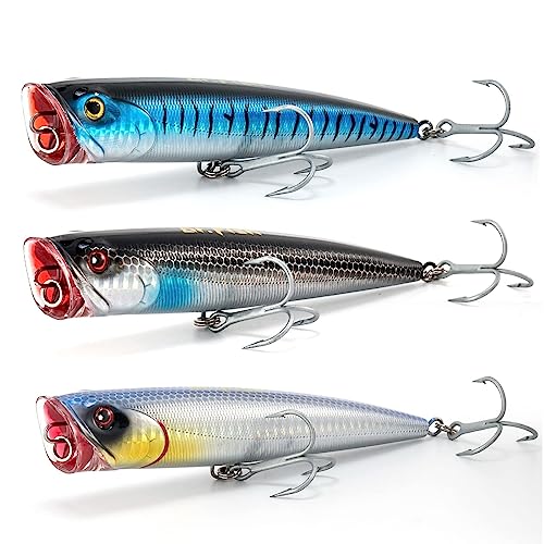 Dr.Fish Popper Saltwater Fishing Lures, 4/5.5 Inches GT Popper VMC Treble Hooks Surf Fishing Lures for Bass Striper Pike Salmon Offshore - color: Chorme Black, Chorme Blue, Blue Mackerel-3 Pack, size: 5.5"