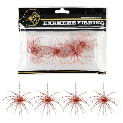 JSCARLIFE Sea Urchin Soft Fishing Lures 4Pcs, 2.75” Floating TPE Swimbait with Flash Sequins, Multi-Tentacle Bass Trout Lure for Freshwater Saltwater - color: Red