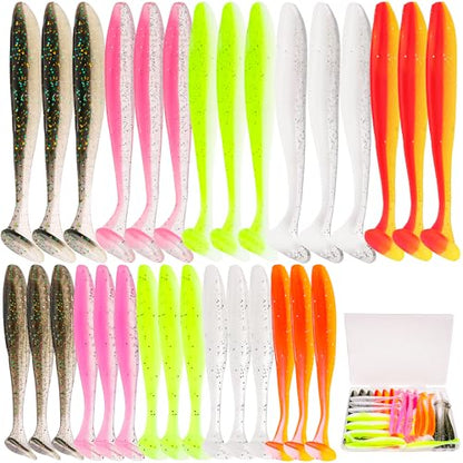 30pcs Soft Plastic Fishing Lures Paddle Tail Swimbaits Soft Baits Lure for Bass Crappie Trout Shad Freshwater Saltwater Fishing Mixed 3.5 Inch 4.7 Inch Swim Bait Kit with Box - color: White, Black, Pink, Orange, Yellow *6