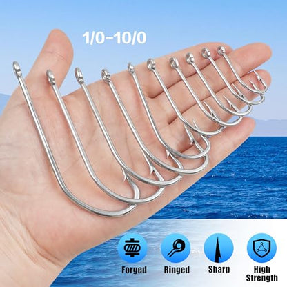 Stainless Steel Saltwater Fishing Hooks - 50pcs O'shaughnessy Hooks Forged Long Shank J Fishing Hooks Extra Strong Fish Hooks for Trolling Sea Bass Striper Cod Bluefish Size 1/0-10/0 - size: 5/0-50pcs