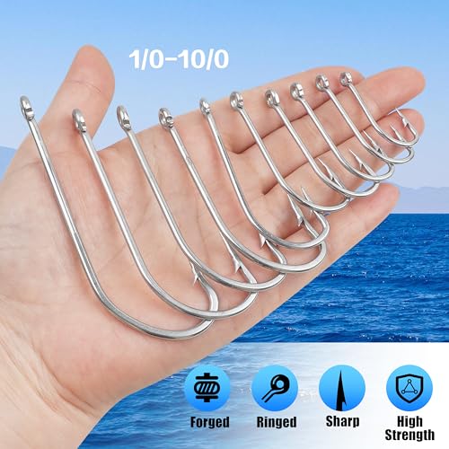 Stainless Steel Saltwater Fishing Hooks - 50pcs O'shaughnessy Hooks Forged Long Shank J Fishing Hooks Extra Strong Fish Hooks for Trolling Sea Bass Striper Cod Bluefish Size 1/0-10/0 - size: 1/0-50pcs