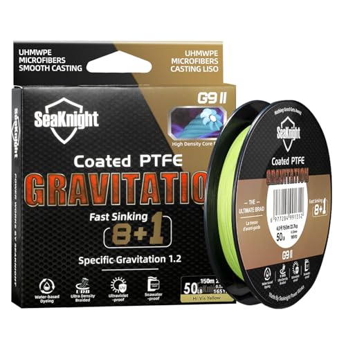 SeaKnight G9 II 8+1 Braide line, 9 Strands Braided Fishing Line Fast Sinking Fishing Line 164Yds/328Yds Seawater-Proof UV-Proof Coated PTFE Sea Fishing Line Braid 17-80LB - color: Yellow, size: 50LB(0.32mm)-164Yds