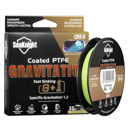 SeaKnight G9 II 8+1 Braide line, 9 Strands Braided Fishing Line Fast Sinking Fishing Line 164Yds/328Yds Seawater-Proof UV-Proof Coated PTFE Sea Fishing Line Braid 17-80LB - color: Yellow, size: 22LB(0.16mm)-164Yds