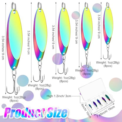 HESTYA Fishing Lures Spoons Saltwater Treble Trout Lures Hard Metal Spinner Baits 5 Sizes Casting Spoon Hooks for Salmon Bass in 1/5 1/4 3/8 1/2 3/4 oz - color: Holographic