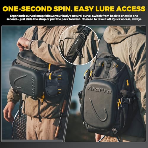 Fishing Sling Pack, EVA Hardshell with Foldable Workstation, Water-Resistant Convertible Front/Back Tackle Bag for 2×3600 Trays, Saltwater Freshwater Crossbody