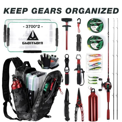 Ghosthorn Fishing Backpack with Tackle Boxes Fish Lip Gripper Pliers Lures Waterproof Tackle Bag with Rod Holder Fishing Gear - color: Black Camouflage, size: Large