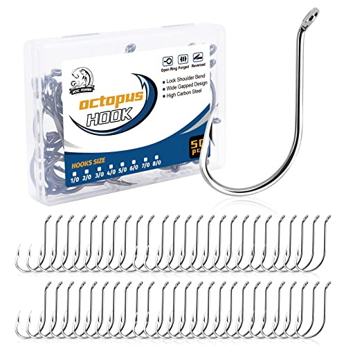 UCEC Fishing Hooks Octopus Hooks for Saltwater Freshwater High Carbon Steel Offset Circle Octopus Catfish Hooks for Catfish Trout Fishing Size 1/0 3/0 5/0, 50pcs/Box - size: 1/0