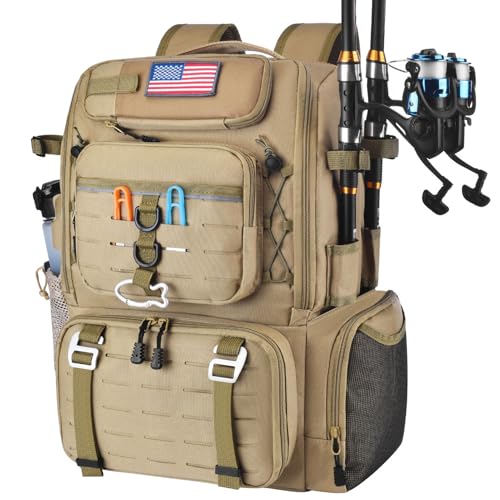 29L Multi-Compartment Fishing Tackle Backpack with 4 Rod Holder, Integrated Cooler and Rain Cover