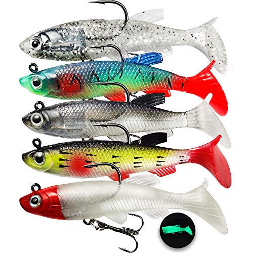 Soft Fishing Lures Shad Minnow Swimbaits, Pre-Rigged Jig Heads Paddle Tail Swim Baits for Bass, Trout, Walleye, Crappie, Sinking Jigs Bait for Saltwater Freshwater, Fishing Gifts for Men - color: A5-Weedness Pre Rigged Swim Baits-5pcs-3.15inch