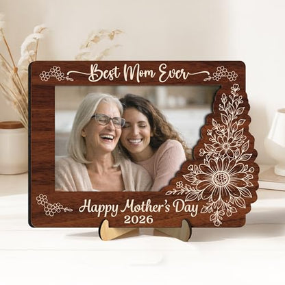 Personalized Picture Wooden Floral Frame for Mother's Day, Custom Photo Plaque with Quote & Title, Best Mom Ever Gifts, Sentimental Gifts for Mom, Nana, Grandma, Rustic Family Picture Frame - color: 0. Mom-01