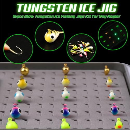 Tungsten Ice Fishing Jigs Kit - 15/21/45pcs Effective Glow Lures for Crappie, Panfish, Walleye - color: Colorful (15pcs)