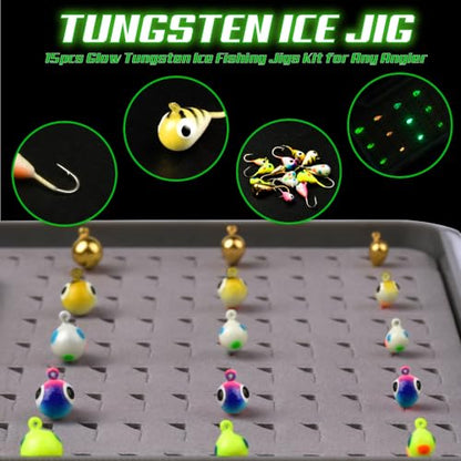 Tungsten Ice Fishing Jigs Kit - 15/21/45pcs Effective Glow Lures for Crappie, Panfish, Walleye - color: Colorful (15pcs)
