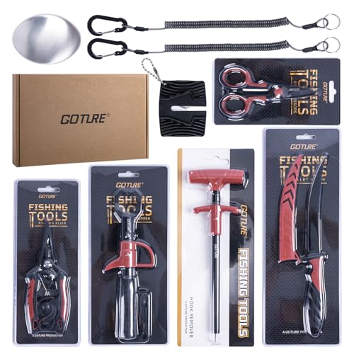 Goture Fishing Tool Kit,Fishing Pliers,Fillet Knife with Sheath,Fish Lip Gripper,Fish Hook Remover,Lanyard,Line Scissors,Sharpener,Stainless Steel Soap,Saltwater Gear Kit,Red/Pink,Gifts for Men/Women - color: A1:9pcs Fishing Tool Kit