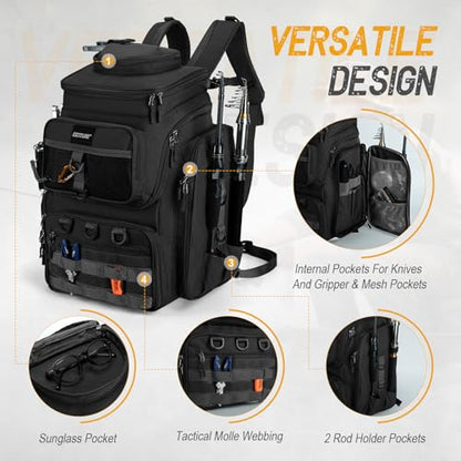 Goture Fishing Backpack, 900D Water-Resistant Tackle Bag with Rod Holders, Insulated Cooler Compartment, 55L Large Capacity Fishing Gear Storage for Saltwater&Freshwater Camping Hiking,Gifts for Men - color: A2:black(without Tackle Boxes)