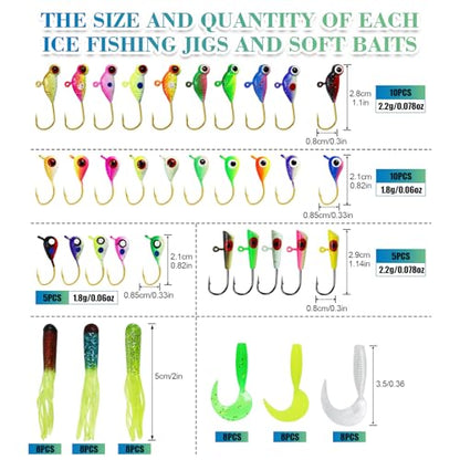 78-Piece Ice Fishing Jigs Kit with Glow-in-The-Dark Lures, Soft Baits, and Tackle Box for Panfish, Crappie, and Perch | Ice Fishing Gear Essentials