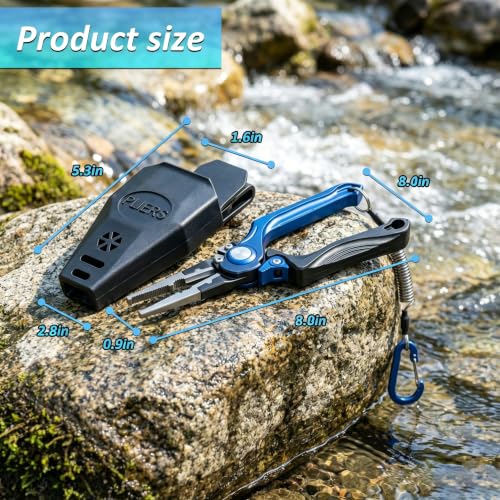 8.0” Lockable Fishing Pliers, Corrosion Resistant Saltwater Fishing Gear | Multi Purpose Fishing Tools - Braid Fish Line Cutter Split Ring Pliers Hook Remover Crimper w/ Lanyard, Fishing Gift for Men