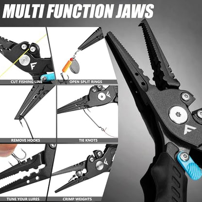 FLISSA Fishing Pliers, Safety Lock Design Fish Pliers Saltwater, Aluminum Hook Remover, Titanium 6Al-4V Jaw and Tungsten Carbide Line Cutters, Sheath & Lanyard, Fishing Gear Gifts for Men - size: 7.5-inch