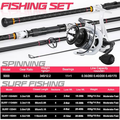 Sougayilang Surf Fishing Rod and Reel Combo, 4 Piece MH/H Saltwater Fishing Combo with 5000 Size Spinning Reel(12'/15') - color: gray, size: 12ft-Spinning-4Pc-Heavy