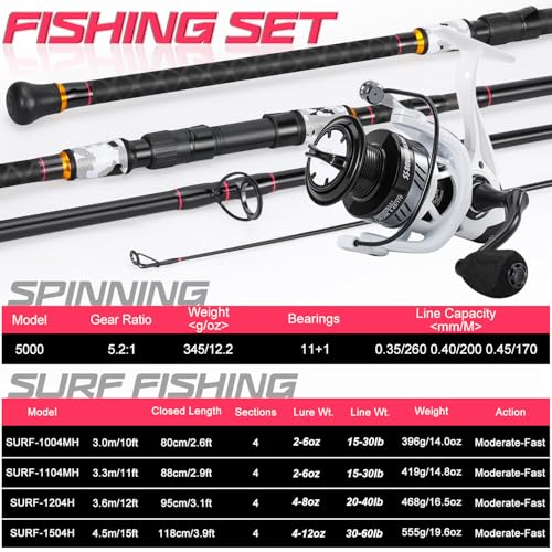 Sougayilang Surf Fishing Rod and Reel Combo, 4 Piece MH/H Saltwater Fishing Combo with 5000 Size Spinning Reel(12'/15') - color: gray, size: 12ft-Spinning-4Pc-Heavy