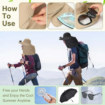 Maiteenly 2 Pcs Solar Fan Hat for Men with Neck Flap Bucket Fan Buit in Hats for Hiking Fishing Outdoor USB and Solar Powered - color: Black,khaki