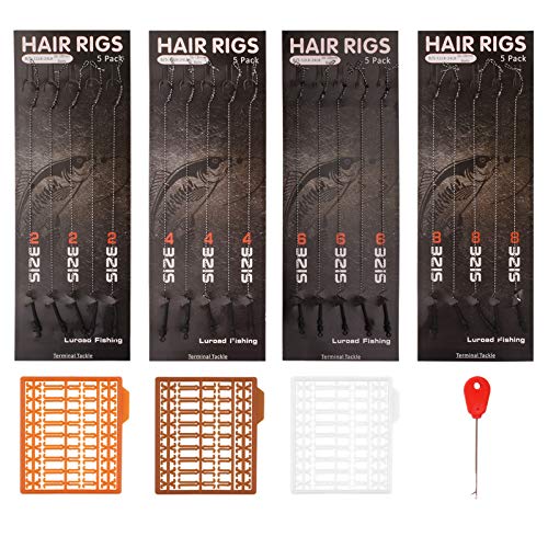 Carp Fishing Hair Rigs, 20 Pcs Curved Barbed Carp Hook Anti-Tangle Swivel Braided Thread line with 3 Card Boilie Bait Stops Dumbell Stoppers and Stringer Needle - color: Barbless, size: 4 Packs (Size 6#)