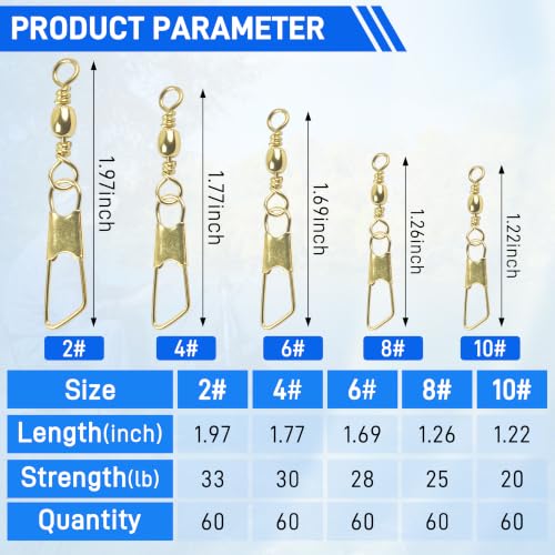 SILANON Fishing Barrel Snap Swivels, 60pcs Barrel Swivels with Safety Snaps Stainless Steel Brass Gold Barrel Swivels Fishing Tackle Solid Ring Lure Leader Line Connectors Saltwater Freshwater - size: 2#-60pcs